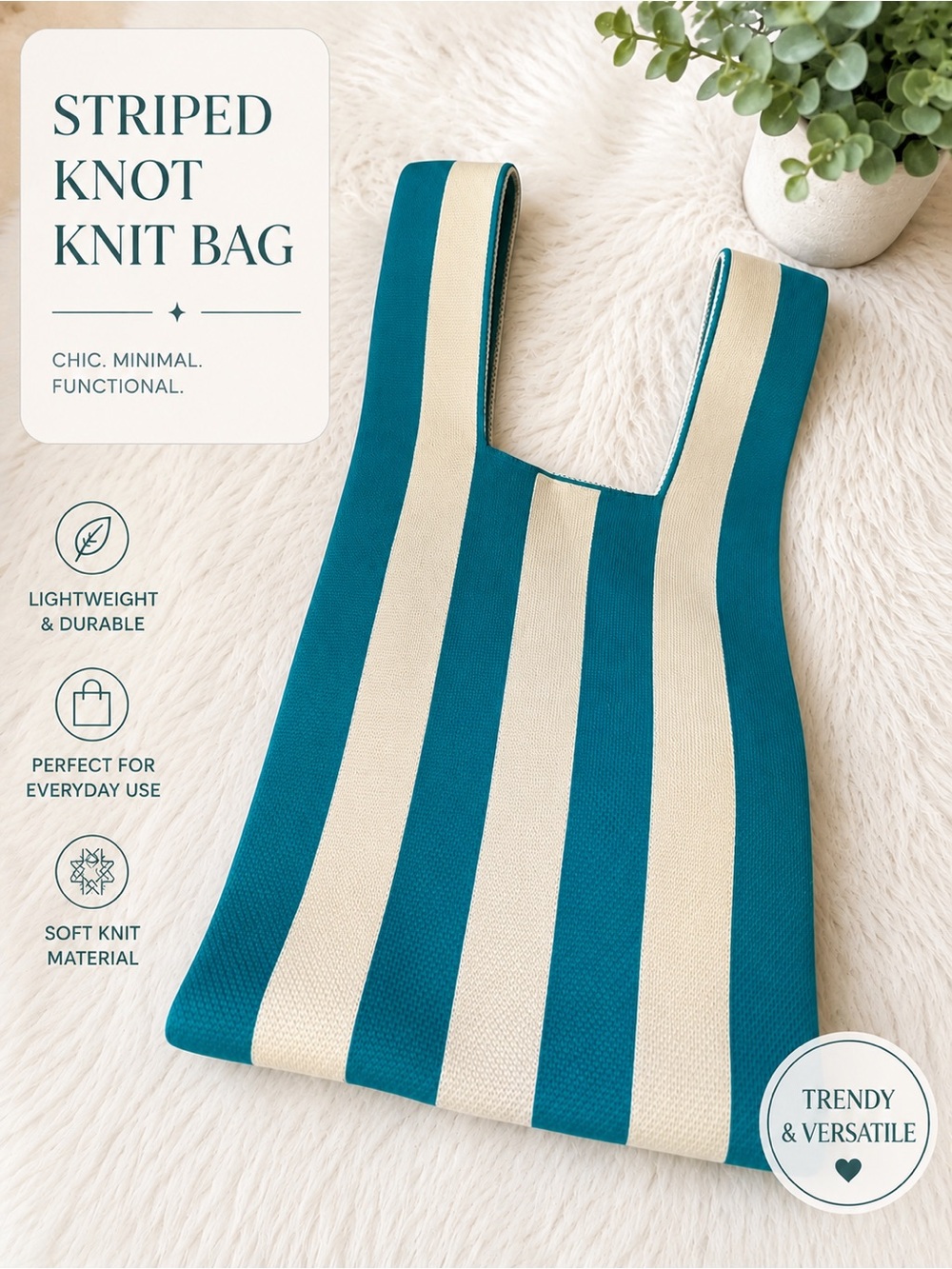 Striped Knot Knit Bag in Teal and Cream , nwot